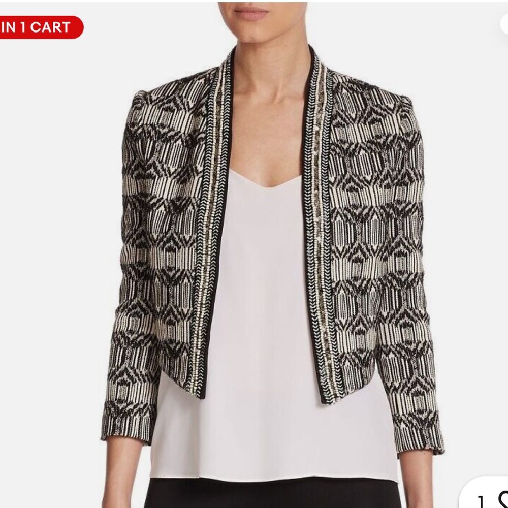 Haute Hippie Black & Cream Beaded Open Bolero Crop Jacket, Small